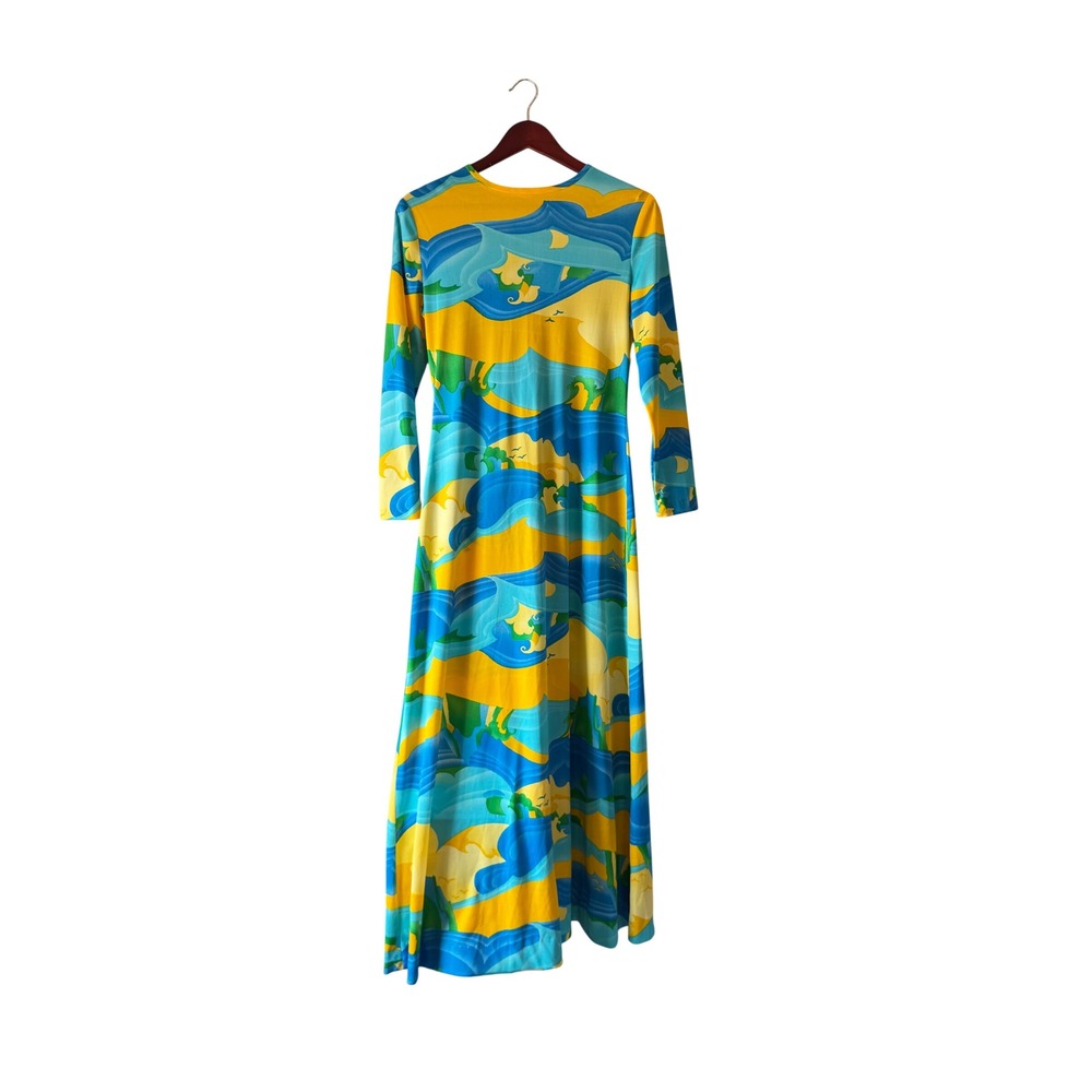 Vintage Mister Robert 70s Psychedelic Wave Print Maxi Dress Blue Yellow Green